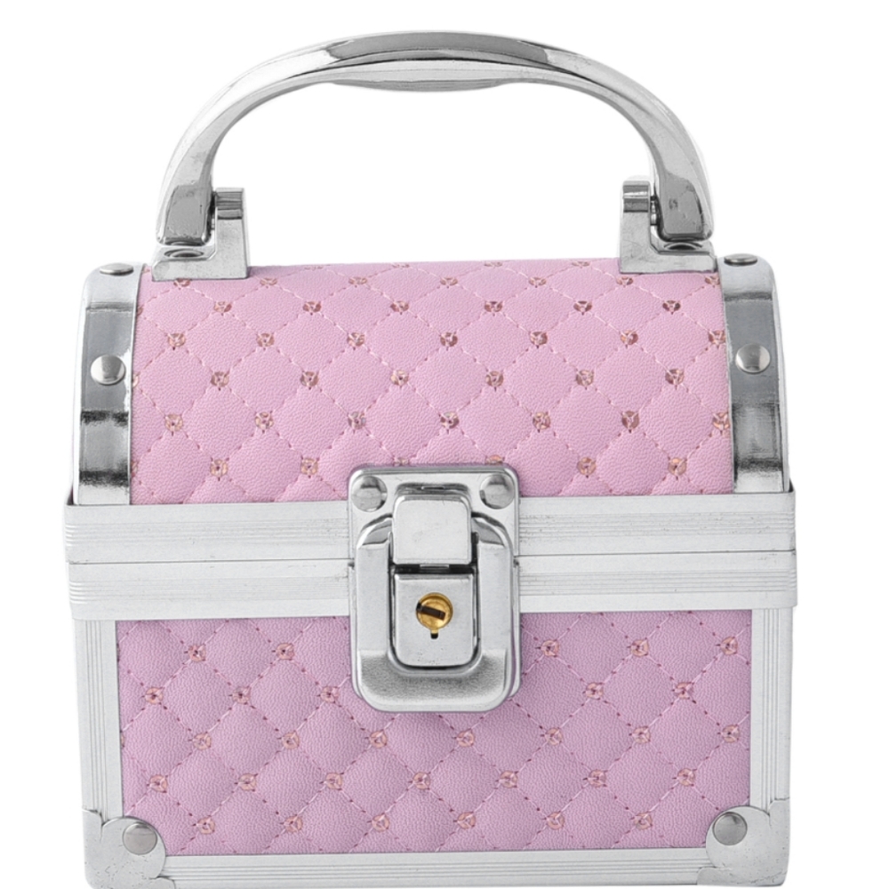 Quilted Pattern Faux Leather 2 Layer Jewelry Box with Metallic Lock and Key